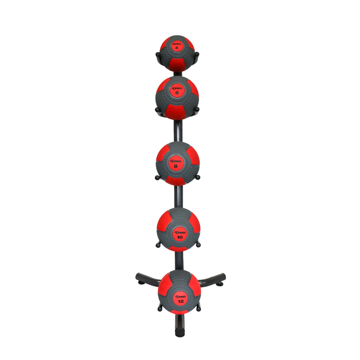TKO commercial medicine ball rack storing five medicine balls in a vertical layout