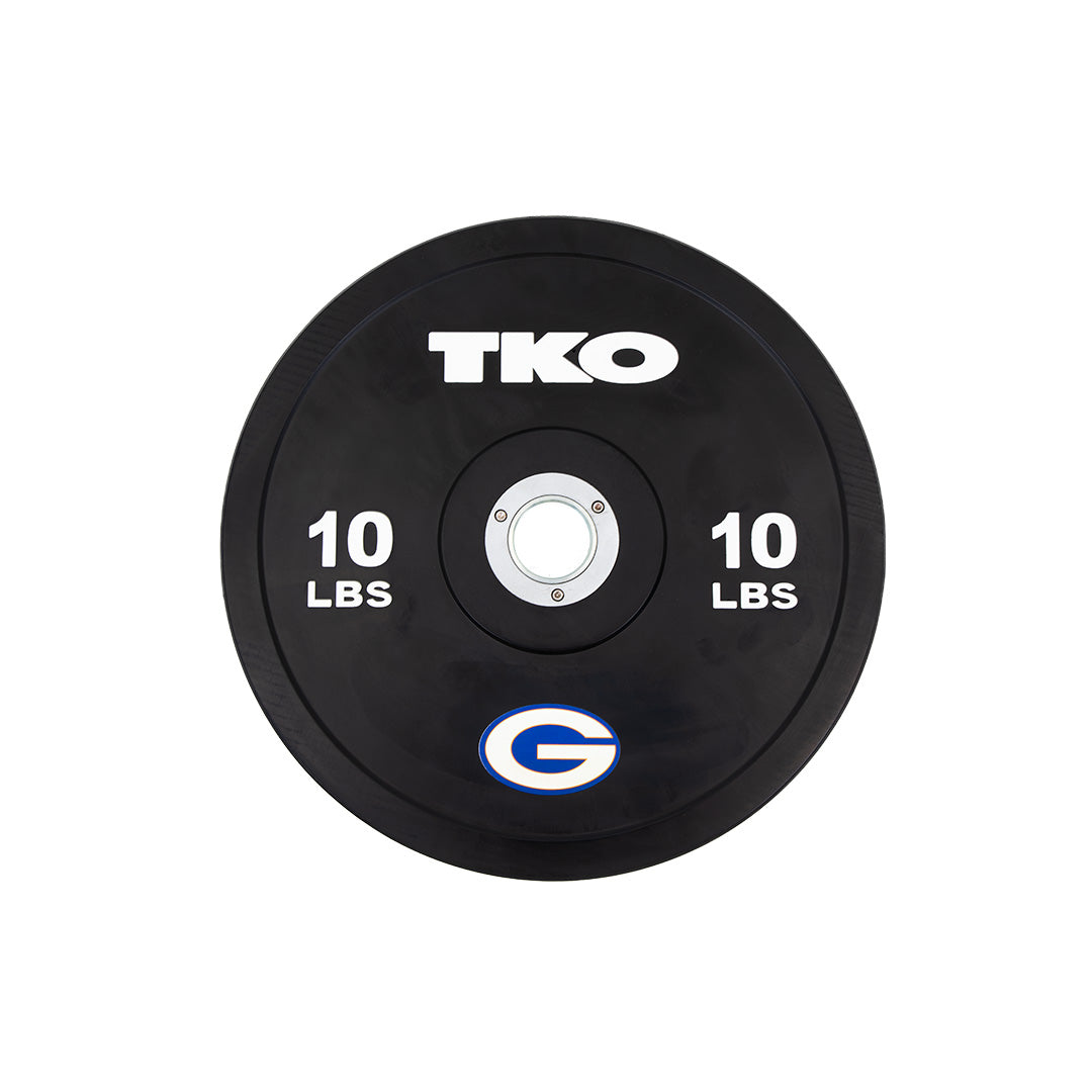 Custom competition bumper plate with branded logo and 10 lb weight marking
