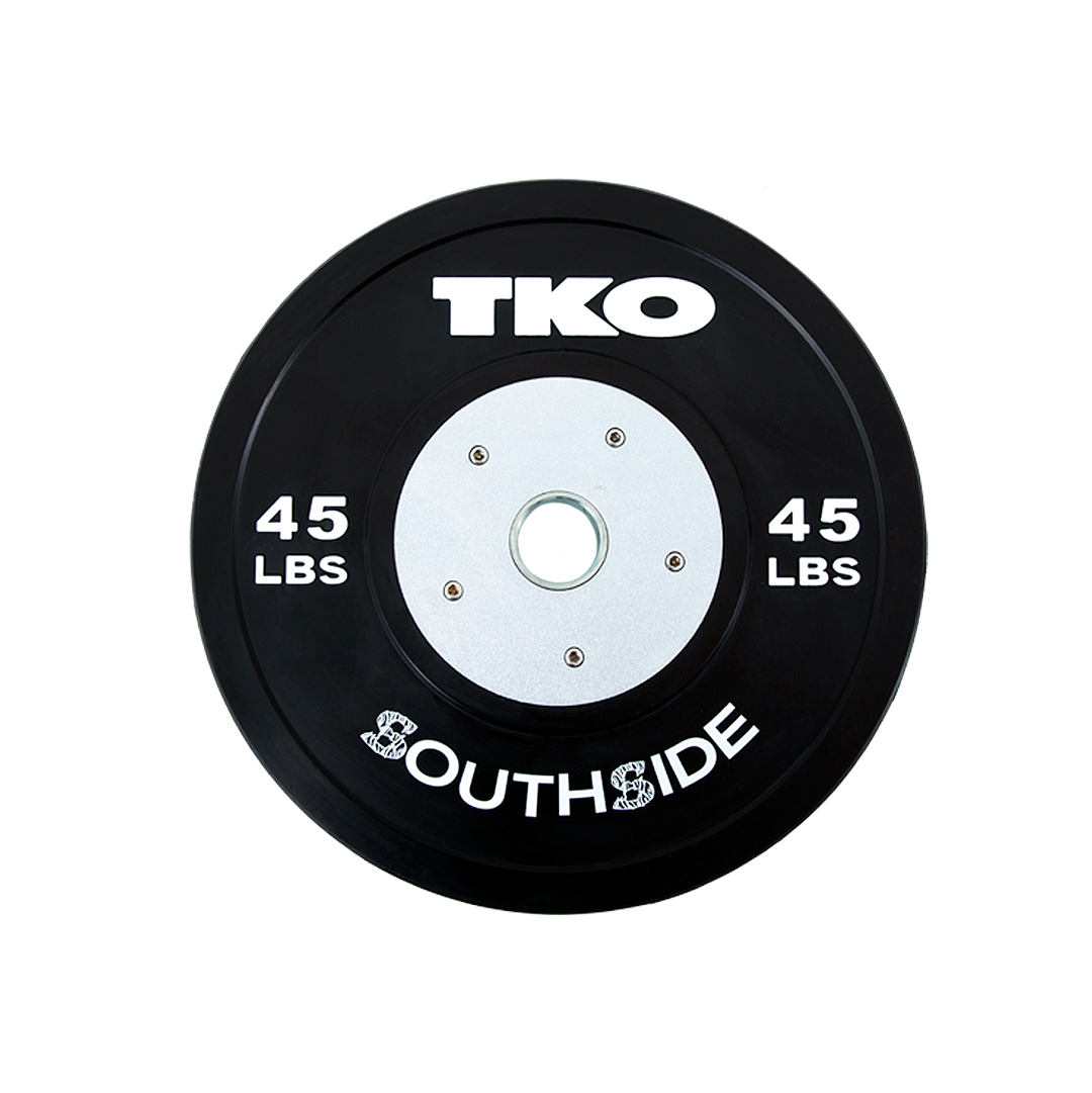 Custom competition bumper plate with 45 lb marking and heat-transferred logo