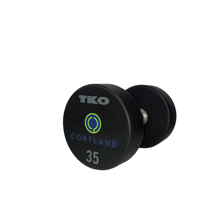 Custom urethane dumbbells designed for branded fitness facilities and training centers