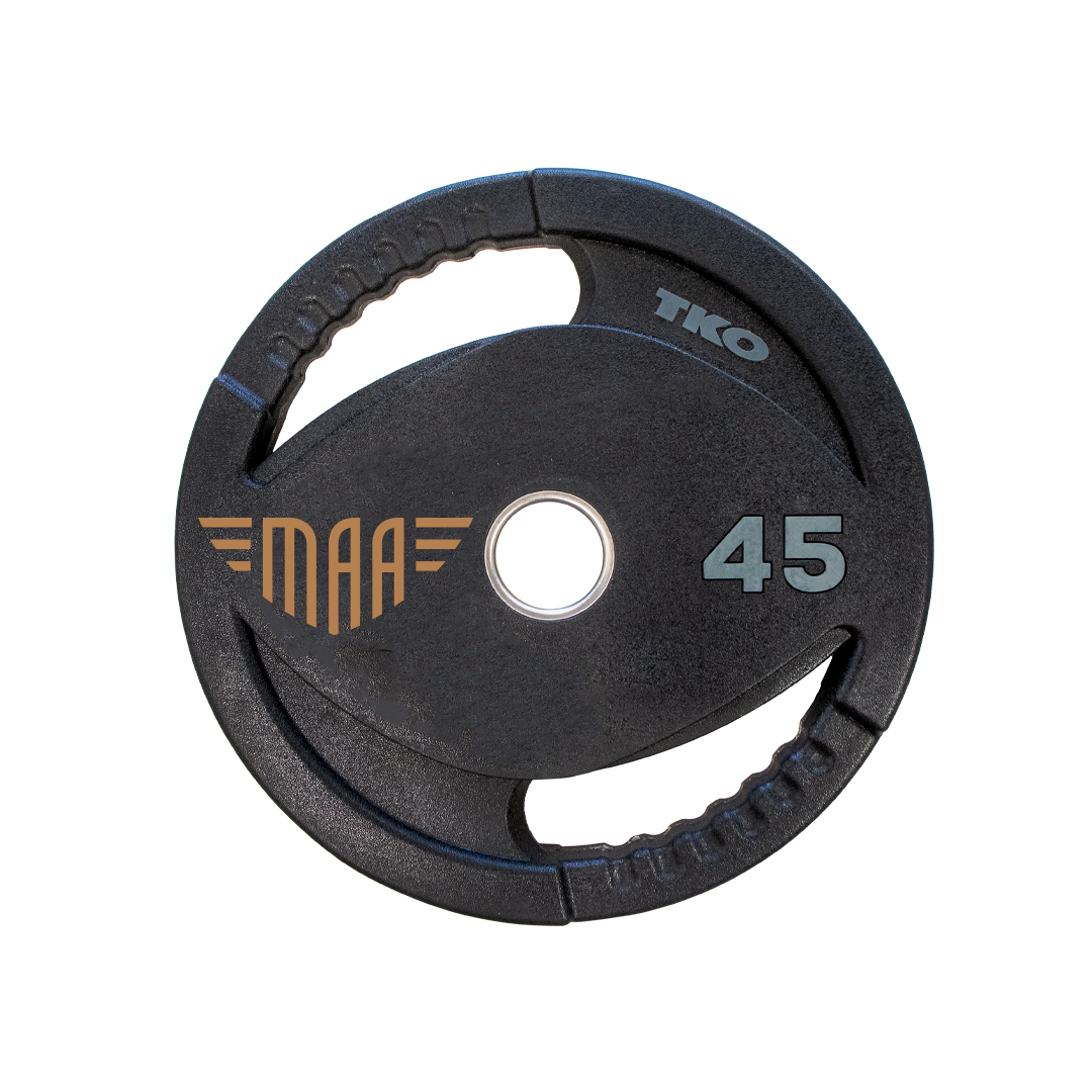 TKO custom Olympic urethane weight plate with engraved logo and 45 lb marking