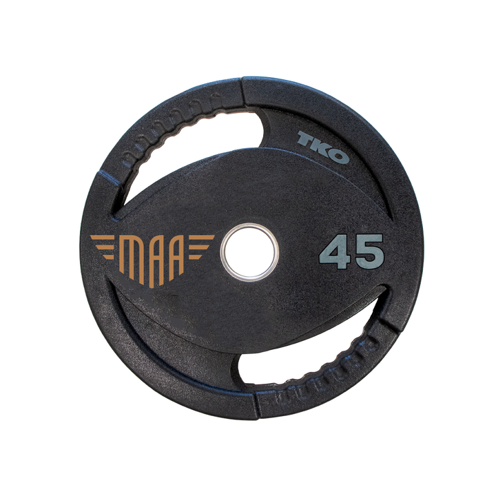 TKO custom Olympic urethane weight plate with engraved logo and 45 lb marking