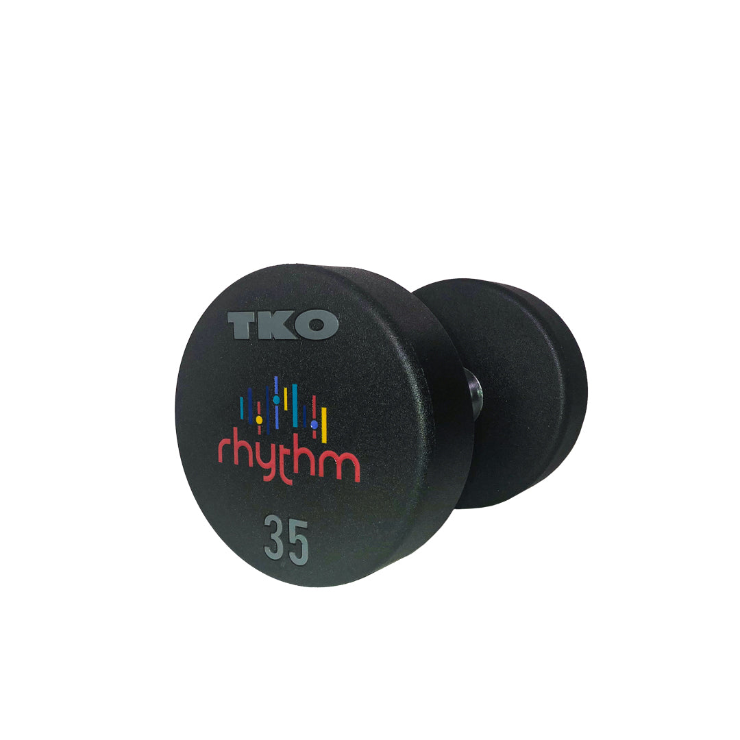 Custom urethane dumbbells displaying various logo and branding designs