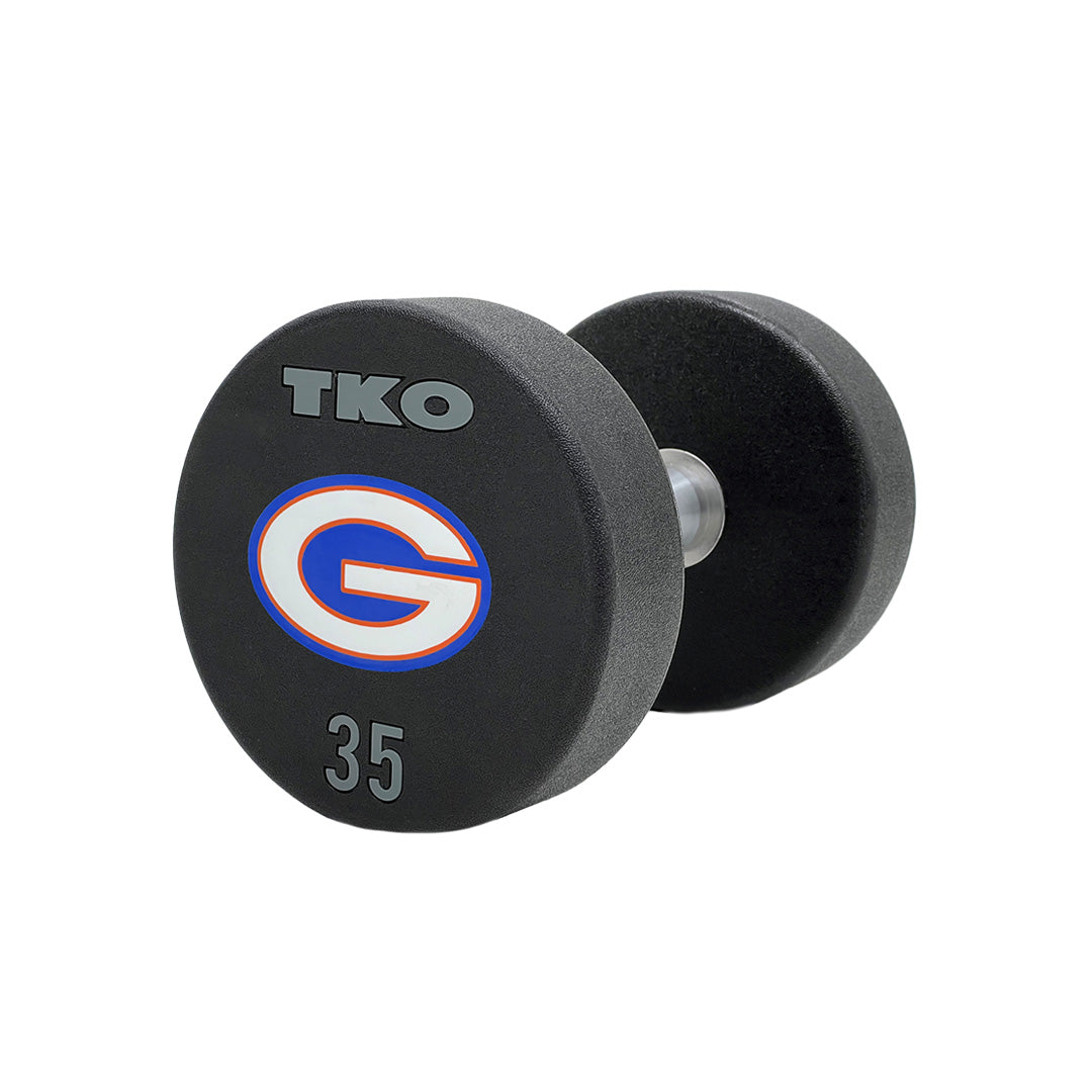 Custom urethane dumbbell displaying G logo branding and 35 lb weight marking