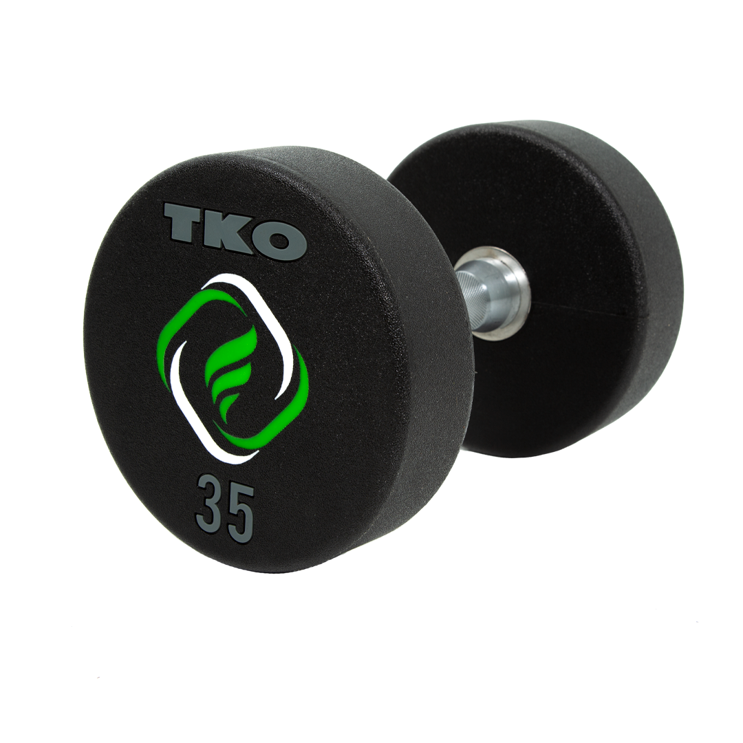 Custom urethane dumbbell with green laser-engraved logo and 35 lb weight marking