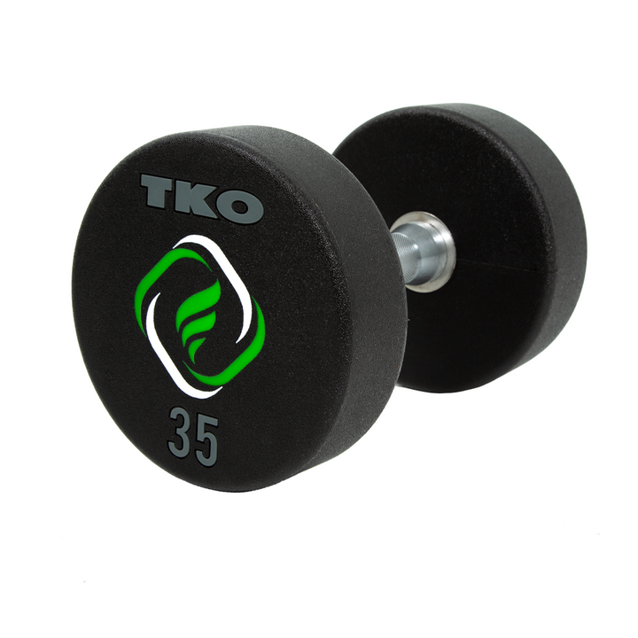 Custom urethane dumbbell with green laser-engraved logo and 35 lb weight marking