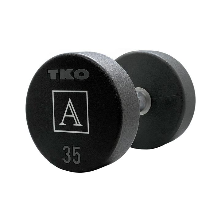 Custom urethane dumbbell featuring letter A logo customization and 35 lb marking