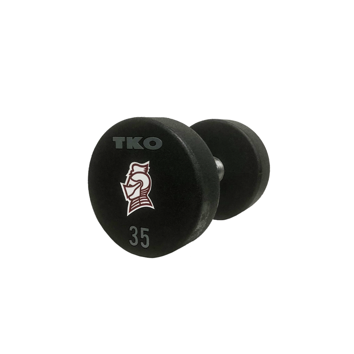 Custom urethane dumbbell displaying mascot logo customization and 35 lb marking