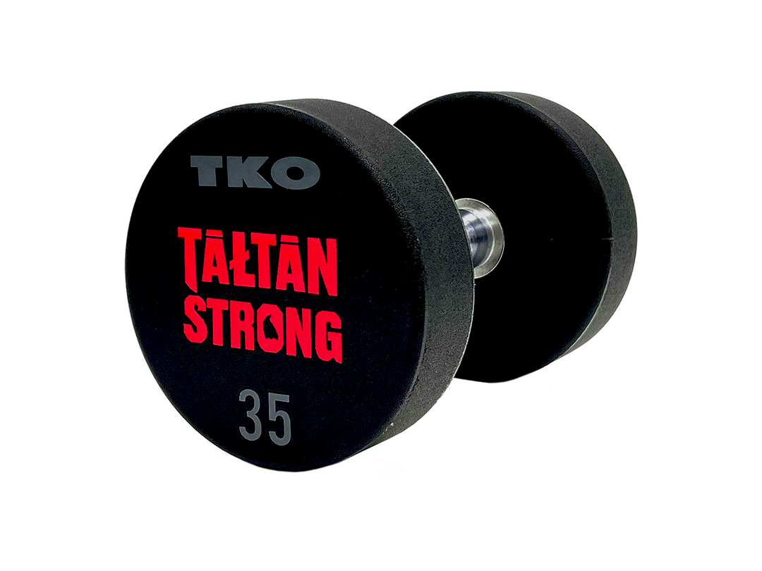 Custom urethane dumbbell with Talian Strong branding and 35 lb marking