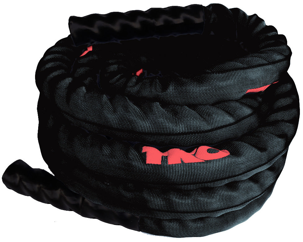 Coiled black TKO deluxe battle rope with protective nylon cover
