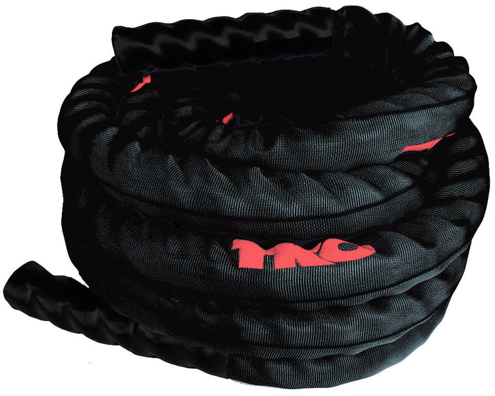 Coiled black TKO deluxe battle rope with protective nylon cover