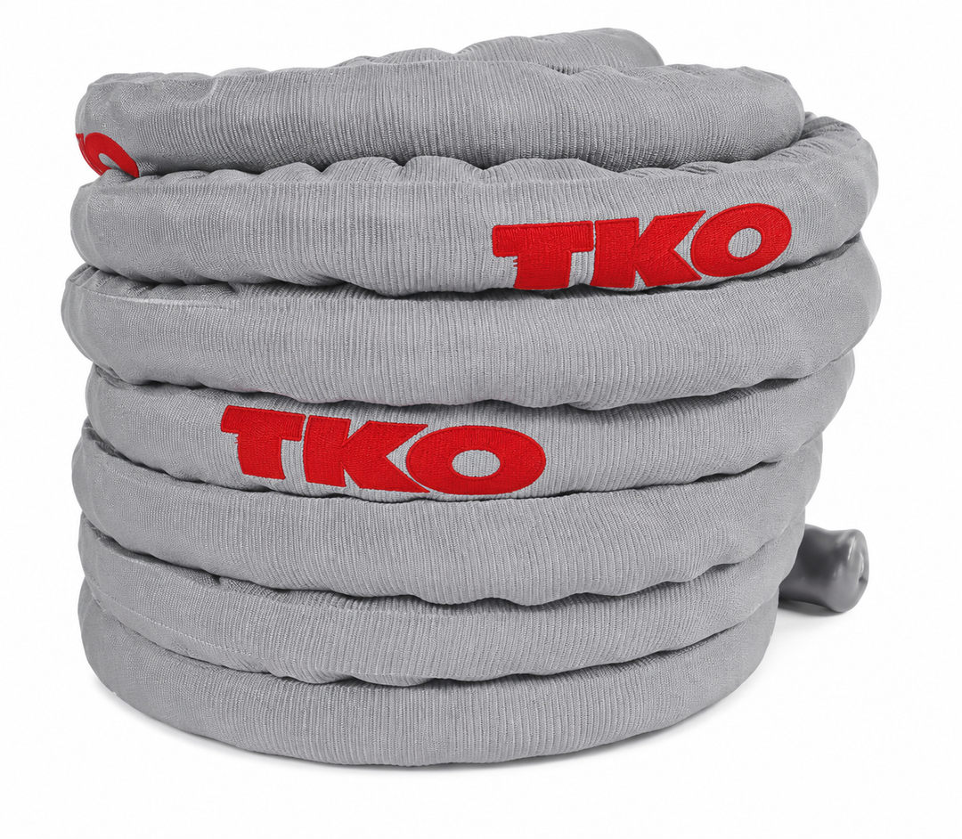 Gray TKO deluxe battle rope with durable nylon cover and training handles