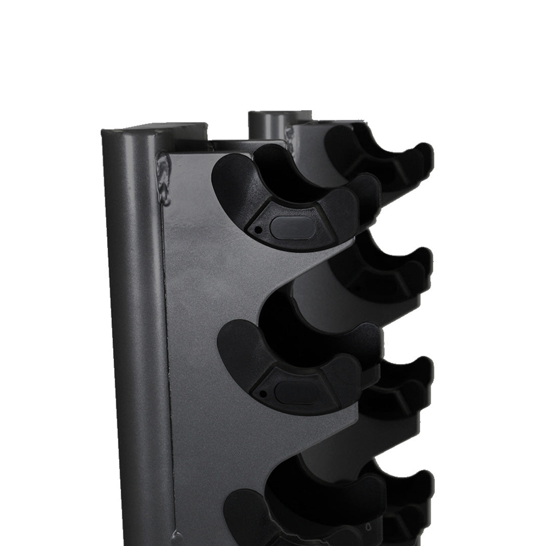 Close-up of injection-molded dumbbell cradle on vertical dumbbell rack