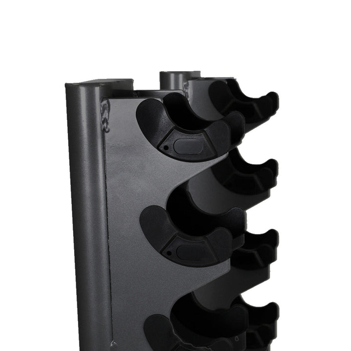 Close-up of injection-molded dumbbell cradle on vertical dumbbell rack