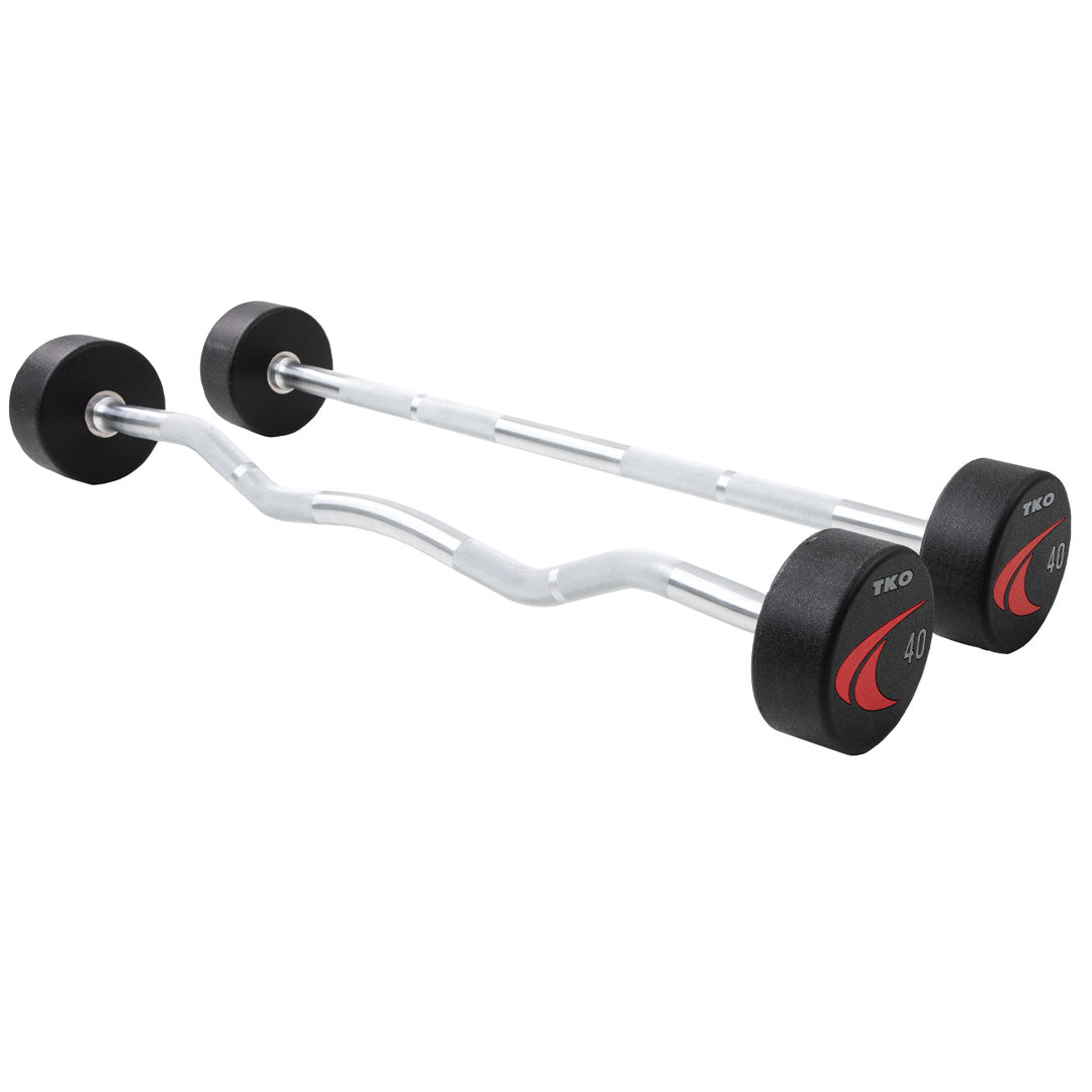 Angled view of TKO fixed curl  and straight urethane barbell with fixed weight heads and chrome bar