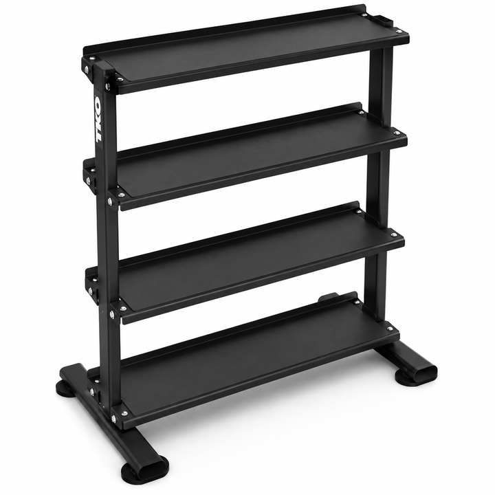 TKO four-tier kettlebell storage rack with open shelf layout