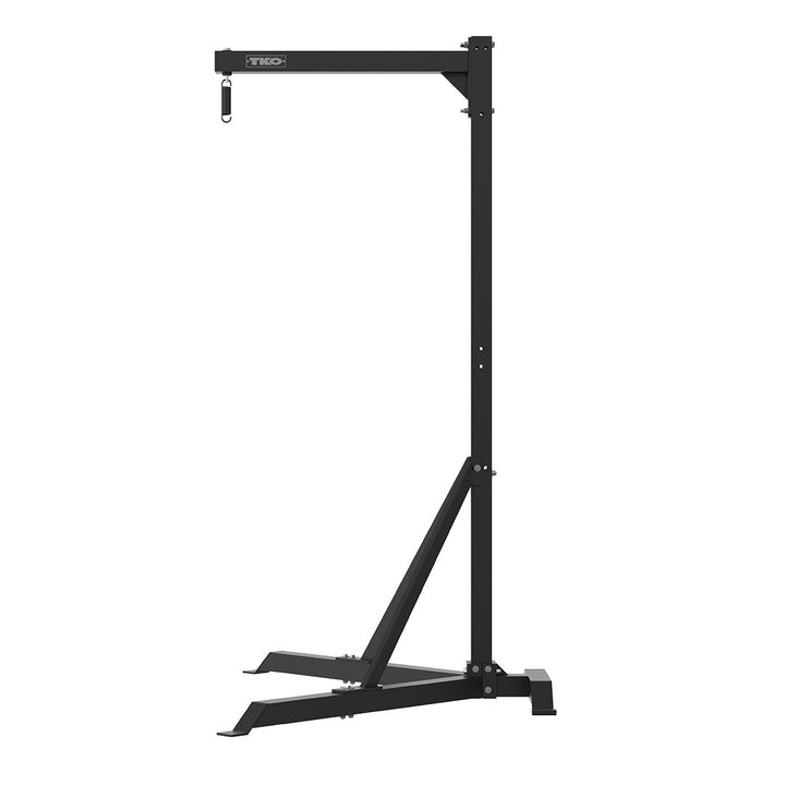 Side view of the TKO commercial heavy bag stand with freestanding steel frame.