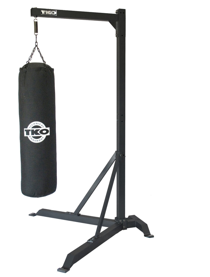 TKO commercial heavy bag stand shown supporting a hanging punching bag.