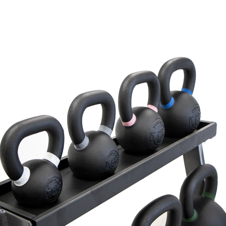 Close-up of kettlebells stored on TKO rack shelving