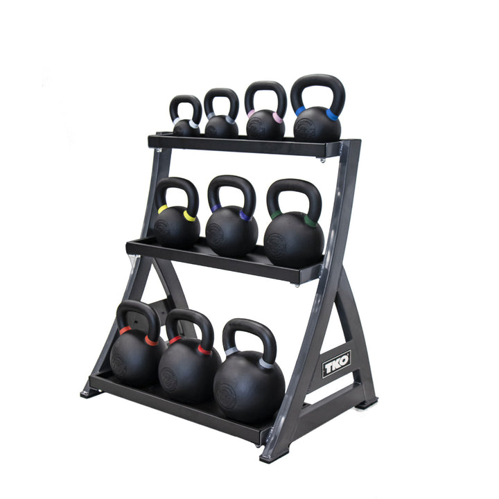 Side angle view of TKO kettlebell storage rack with kettlebells