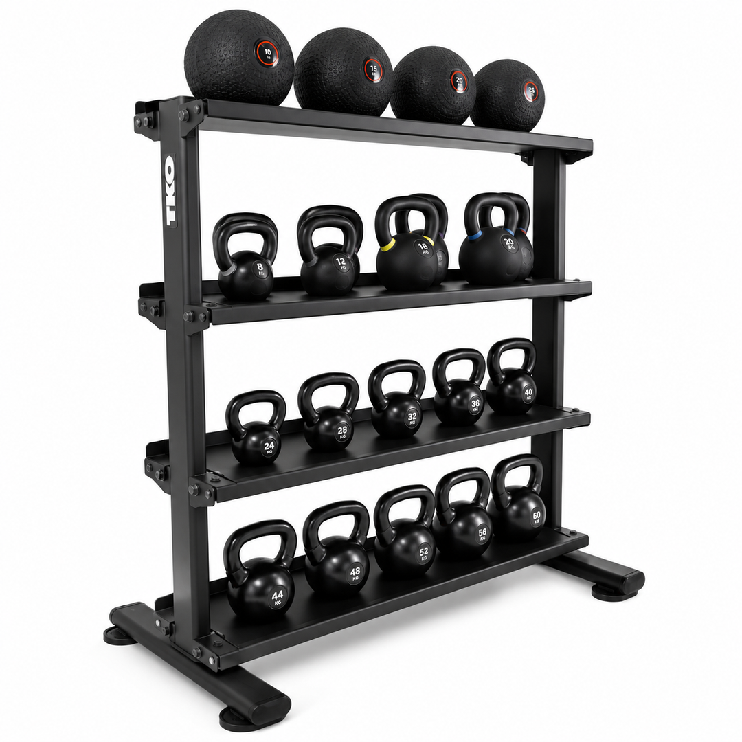 TKO kettlebell storage rack holding multiple kettlebells and medicine balls