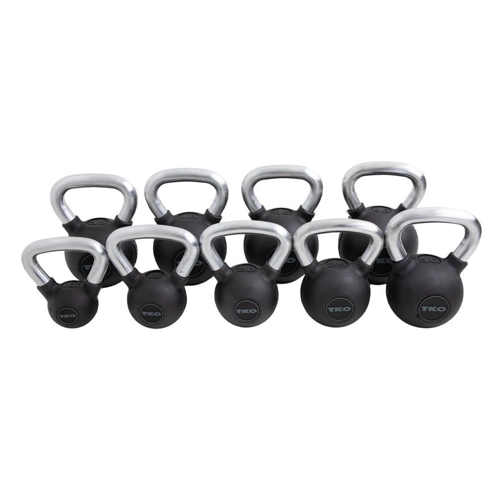 Kettlebells from 10 lb to 50 lb included with storage rack package