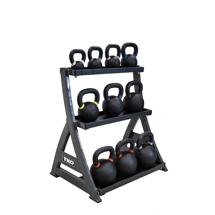TKO storage rack displaying kettlebells across multiple shelf levels