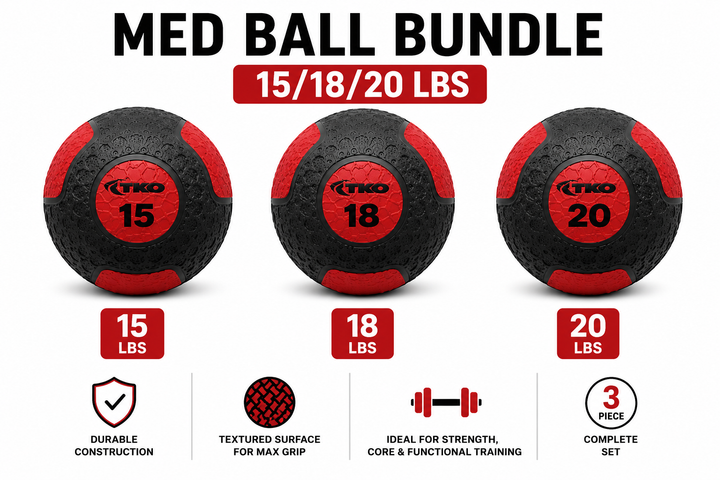 TKO medicine ball bundle with 15 lb, 18 lb, and 20 lb weighted medicine balls