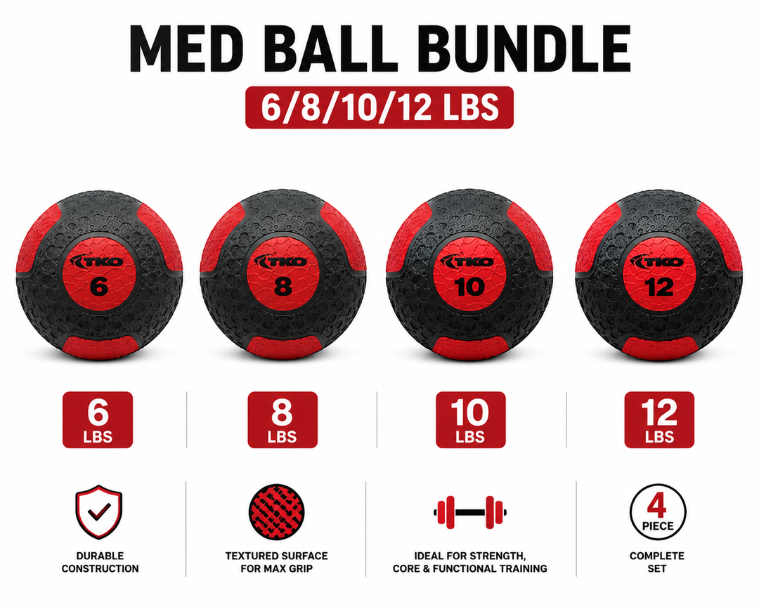 TKO medicine ball bundle including 6 lb, 8 lb, 10 lb, and 12 lb medicine balls