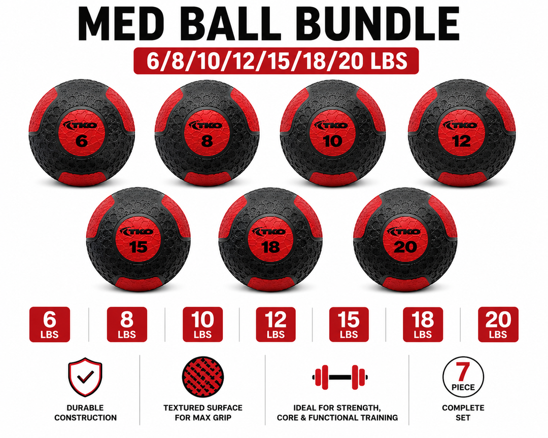 TKO medicine ball bundle featuring seven medicine balls from 6 lb to 20 lb