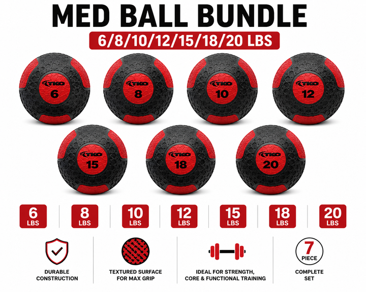 TKO medicine ball bundle featuring seven medicine balls from 6 lb to 20 lb