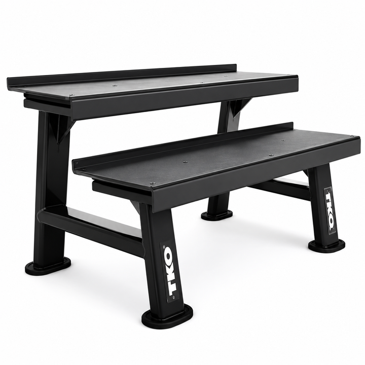 TKO multi-tier kettlebell storage rack with open shelf design