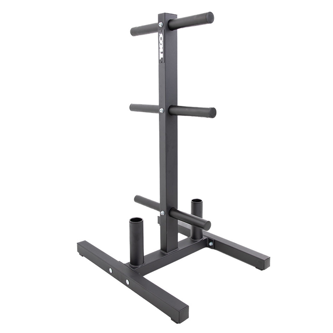 TKO Olympic plate tree with six storage pegs and dual Olympic bar holders.