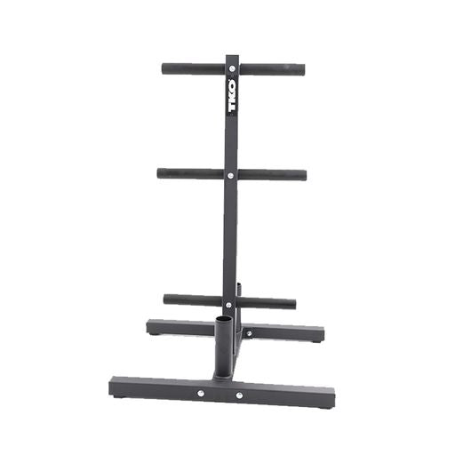 Side profile of TKO Olympic plate tree showing storage pegs and bar holders.