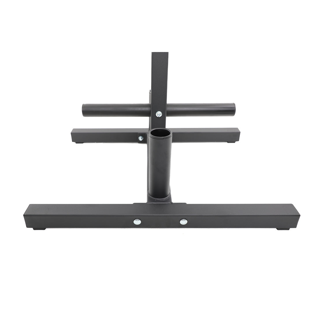 Close-up of the TKO Olympic plate tree base with welded steel frame.