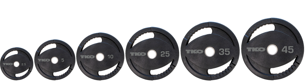 Olympic urethane grip plate collection showing available weight options