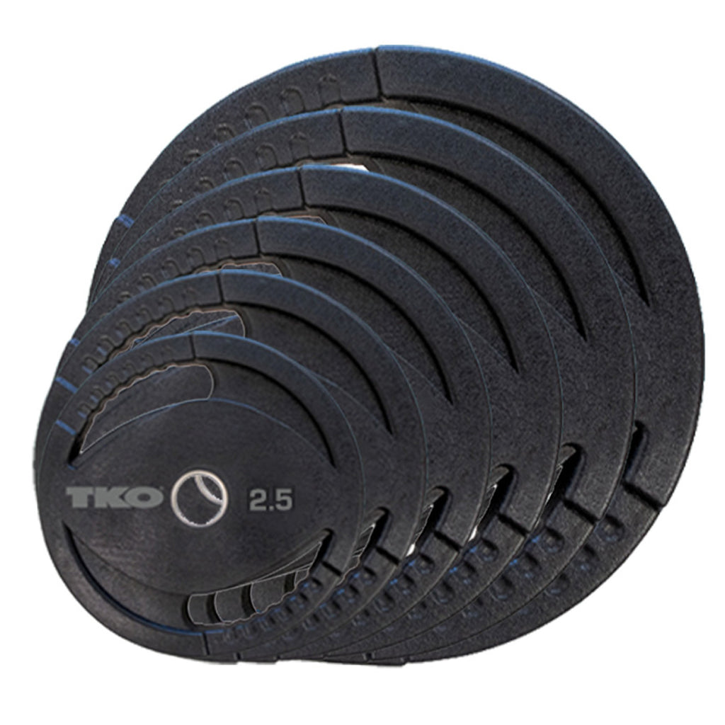 Multiple Olympic urethane grip plates arranged by weight size