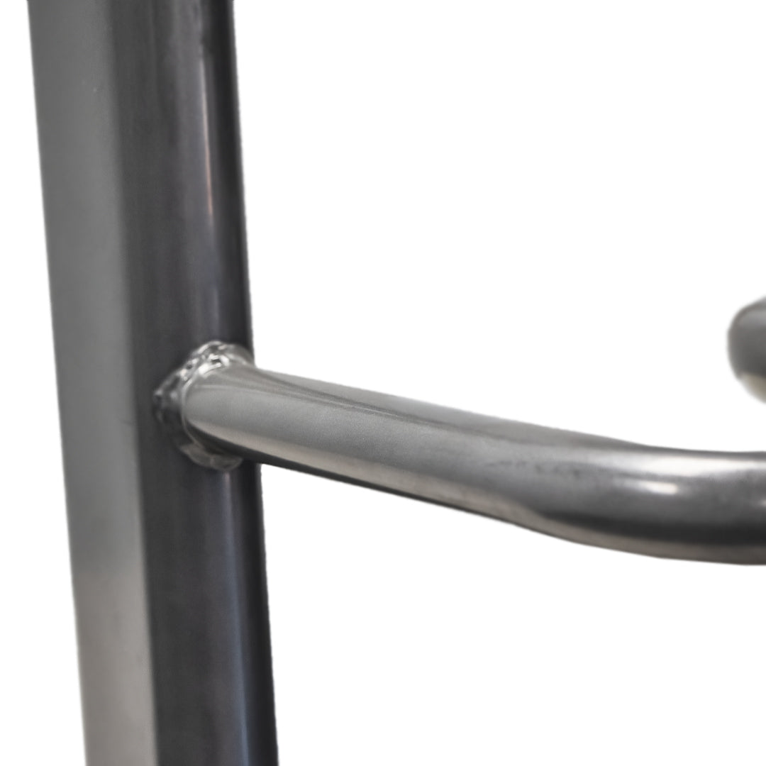 Close-up of tubular steel frame and storage ring on TKO power bag storage rack