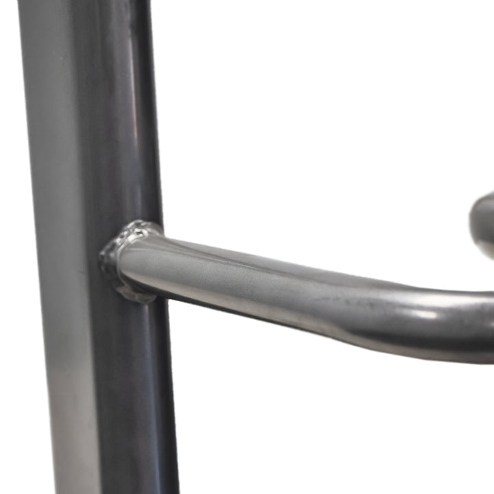 Close-up of tubular steel frame and storage ring on TKO power bag storage rack