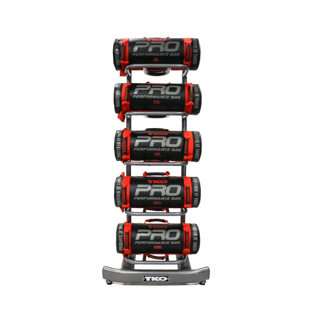 Side angle of TKO power bag storage rack with performance bag storage rings