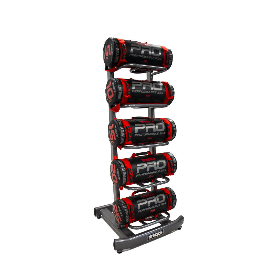 TKO power bag storage rack holding performance bags in a vertical storage layout