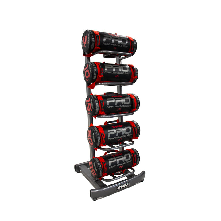TKO power bag storage rack holding performance bags in a vertical storage layout