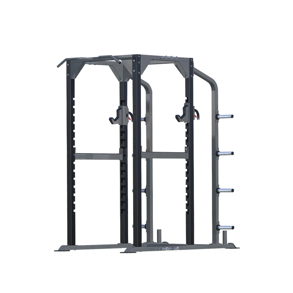Front view of TKO power rack with storage attachment and plate horns