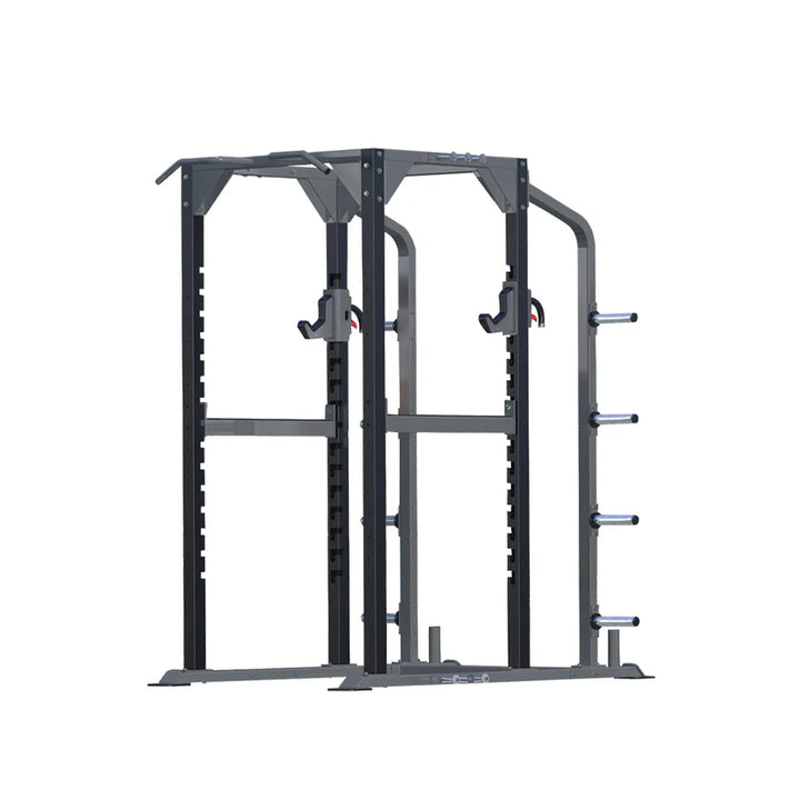 Front view of TKO power rack with storage attachment and plate horns