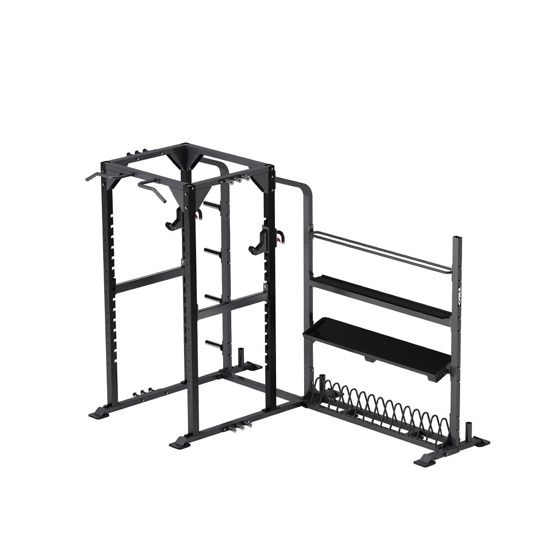 TKO power rack with integrated storage shelves, plate rack, and pull-up bar