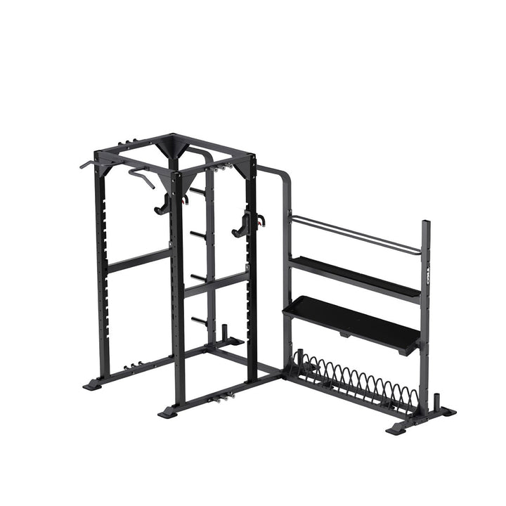 TKO power rack with integrated storage shelves, plate rack, and pull-up bar