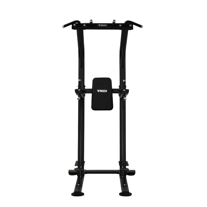 Front view of TKO power tower with pull-up bar, dip handles, and back support pad