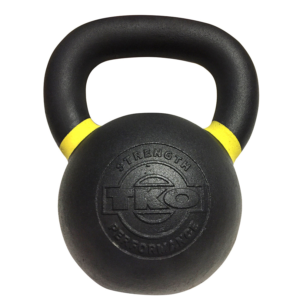 TKO Pro Cast kettlebell with yellow identification band and matte black finish
