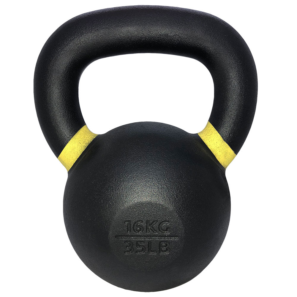 Front view of TKO Pro Cast kettlebell with yellow weight band