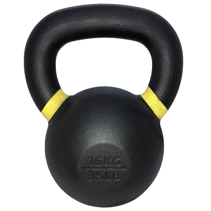 Front view of TKO Pro Cast kettlebell with yellow weight band